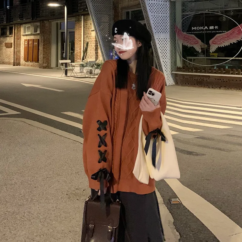 New Autumn And Winter Cream Bandage Sweater Women's Loose - Orange