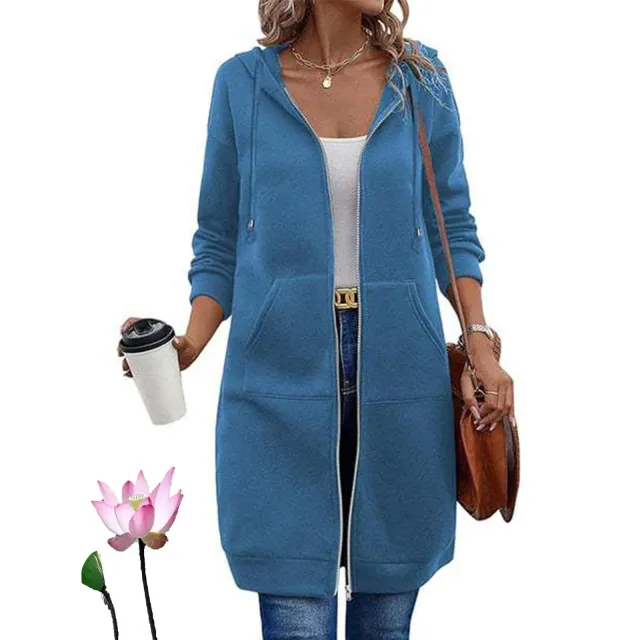 Women's Vintage Casual Long Jacket Fleece Drawstring Hoodie Sky Blue - Shop at LoveMi