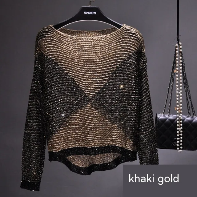 Hollow out Sequin Loose Sweater Pullover Fil Lumiere Underwear Blouse Long Sleeve Round Khaki Gold - Shop at LoveMi