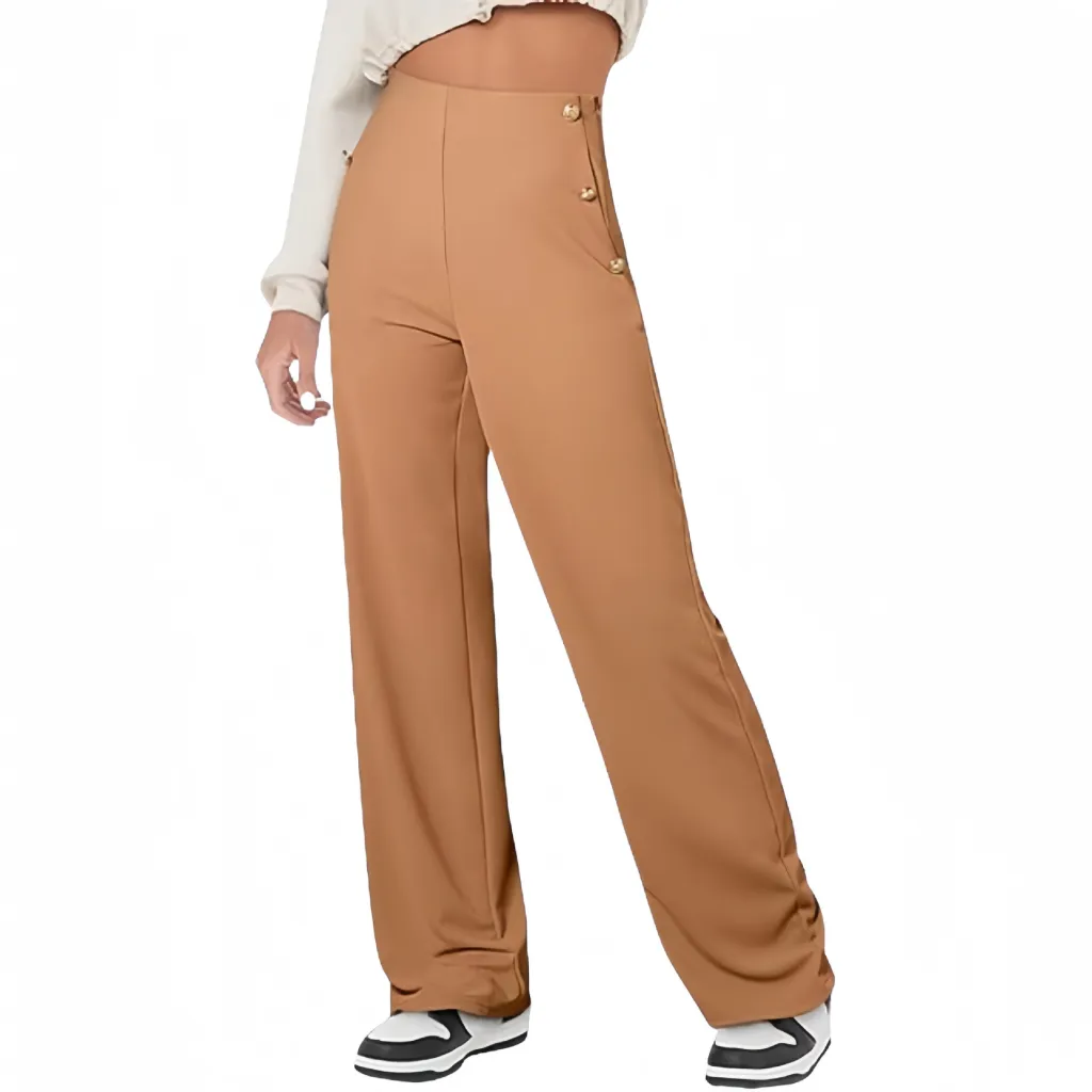 Women's Casual Straight Pants High Waist Button - Camel