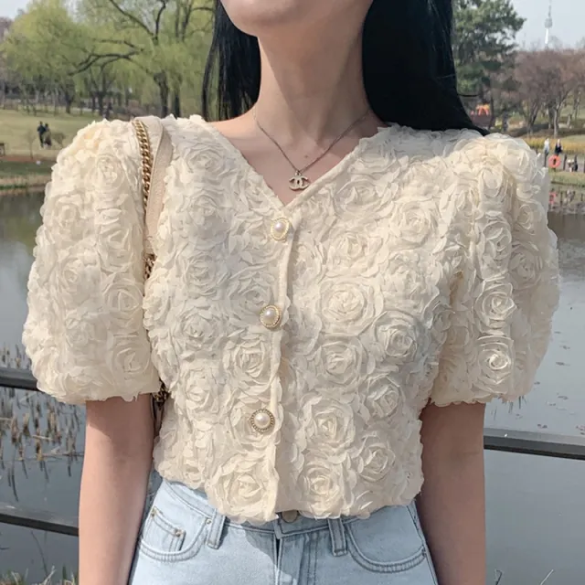 Women's V neck Three dimensional Rose Large Pearl Buckle Short sleeved Shirt Black - Shop at LoveMi