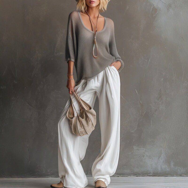 Womens Cotton-Linen Wide-Leg Pants Set