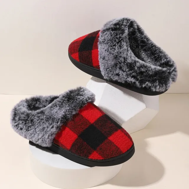 Plaid Fluffy Slippers Fashion Comfortable And Non slip Cotton Slippers Red - Shop at LoveMi