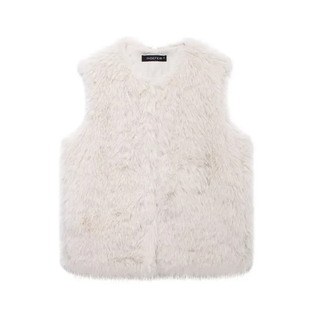 Women's New French Minority Faux Fur Sleeveless Crew Neck Vest Milky White - Shop at LoveMi