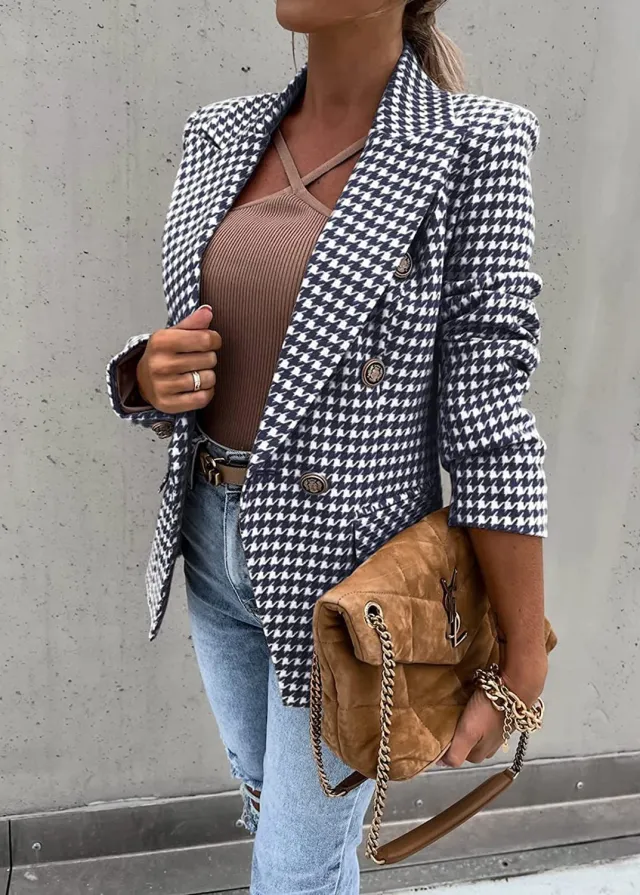 Houndstooth Printed Casual Coat Slim Fit Small Business Suit Blue - Shop at LoveMi