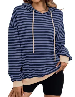 Women's Loose Casual Striped Hoodie - Denim Blue - View 1