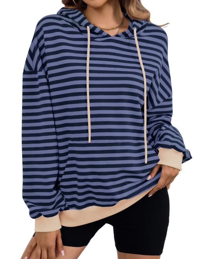 Women's Loose Casual Striped Hoodie Denim Blue - Shop at LoveMi