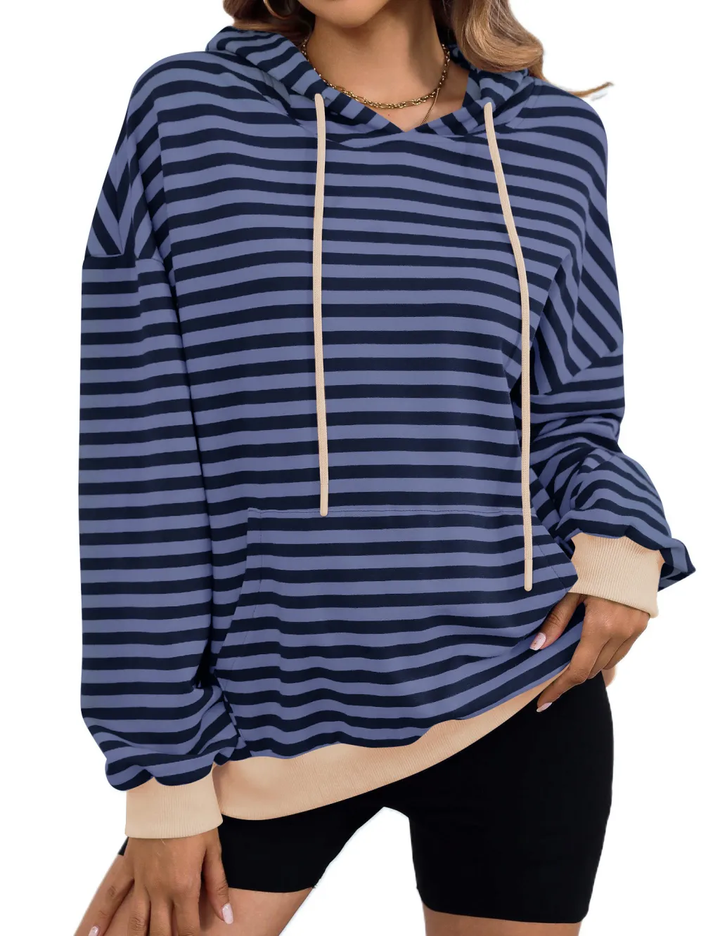 Women's Loose Casual Striped Hoodie - Denim Blue