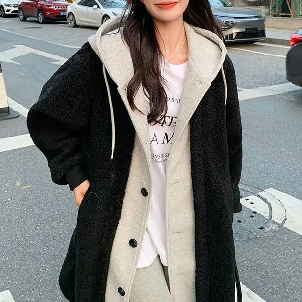 Long Hooded Dress Coat Lambswool All match Loose Fashionable Jacket Black - Shop at LoveMi