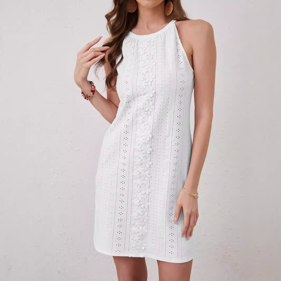 Elegant Women's Solid Color Lace Stitching Sleeveless Sexy Backless Dress