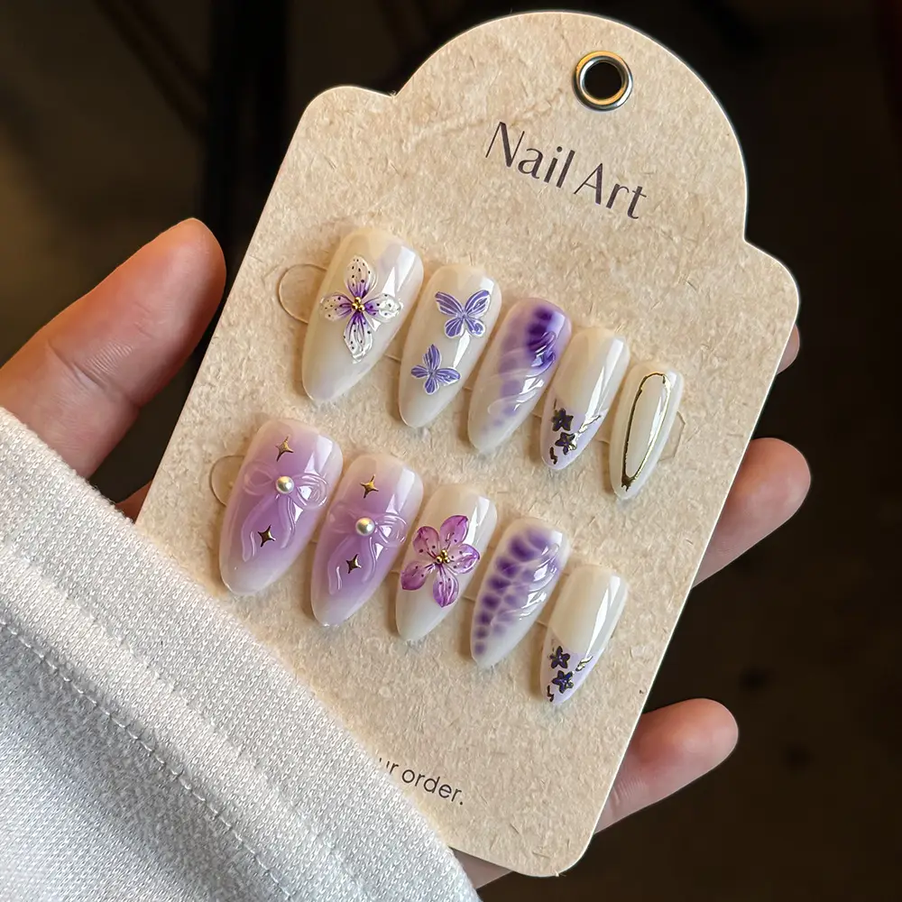 Summer French 3D Purple Flower Wearable Nails