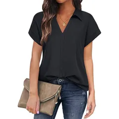 Solid Colour Business Casual Women's Short-sleeved Shirt - Black - View 1