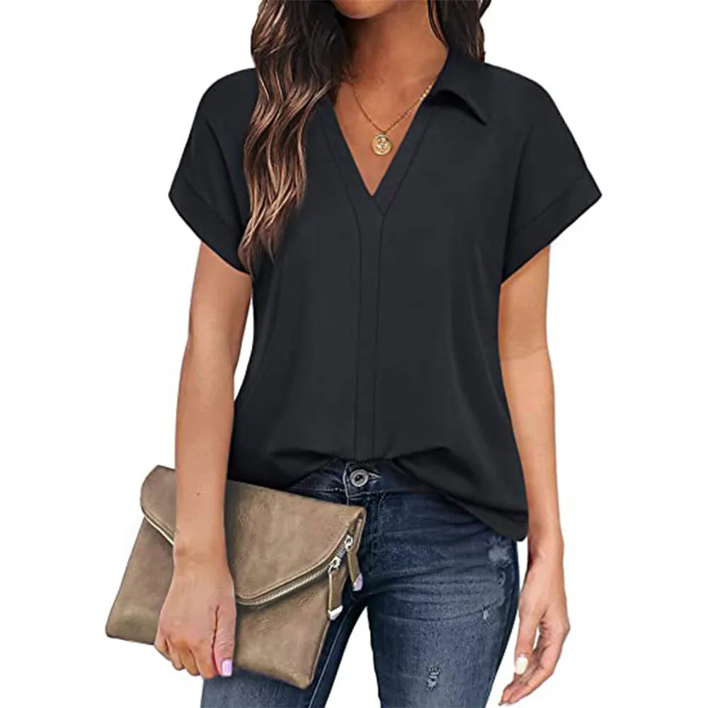 Solid Colour Business Casual Women's Short-sleeved Shirt - Black