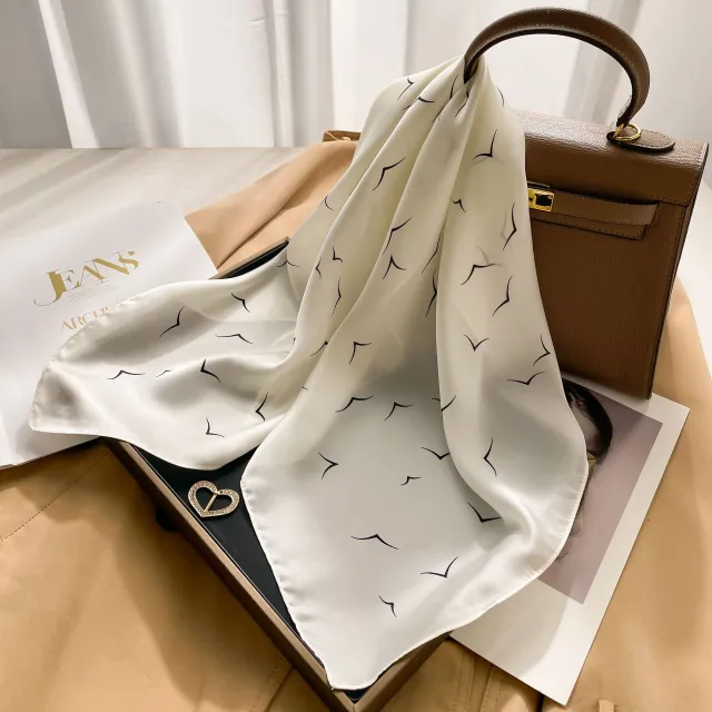 New 70 Korean Style Small Square Towel Silk Scarf For Women A0130 Flying Bird Beige - Shop at LoveMi
