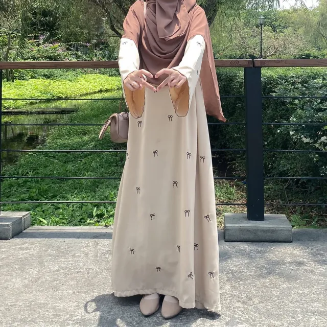 Dubai Middle East Turkey Dubai Bowknot Embroidery Dress Apricot - Shop at LoveMi