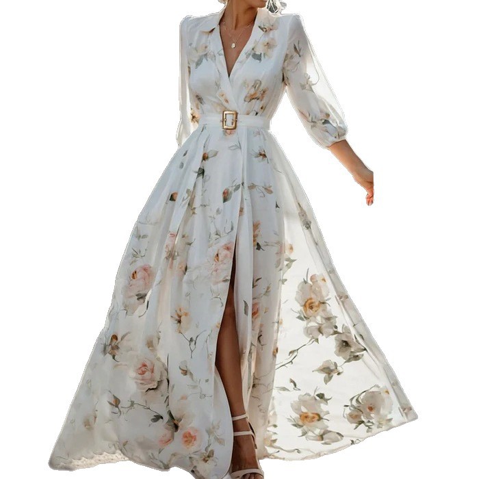 Three-quarter Sleeve V-neck Digital Printing Dress