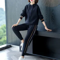 Sports And Leisure Suit Korean Style Loose Slimming Temperament Hooded Sweater Two-piece Set - Black Yellow White - View 1
