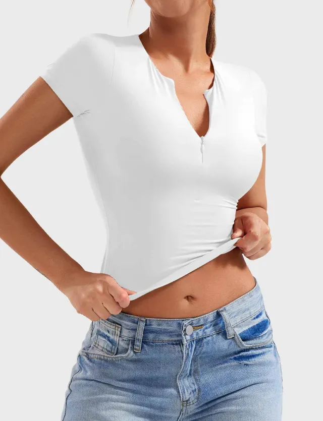 Slim Fit Fashion Yoga Short Sleeve Half Zip Top White - Shop at LoveMi
