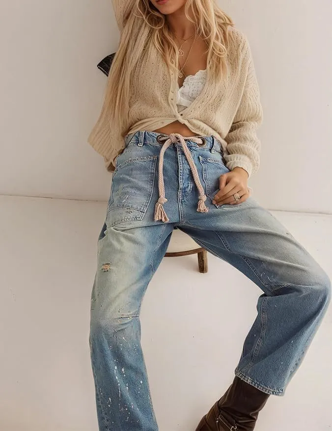 Womens Patchwork Loose Straight Denim Jeans With Drawstring Waist And Lace-Up Details - Blue