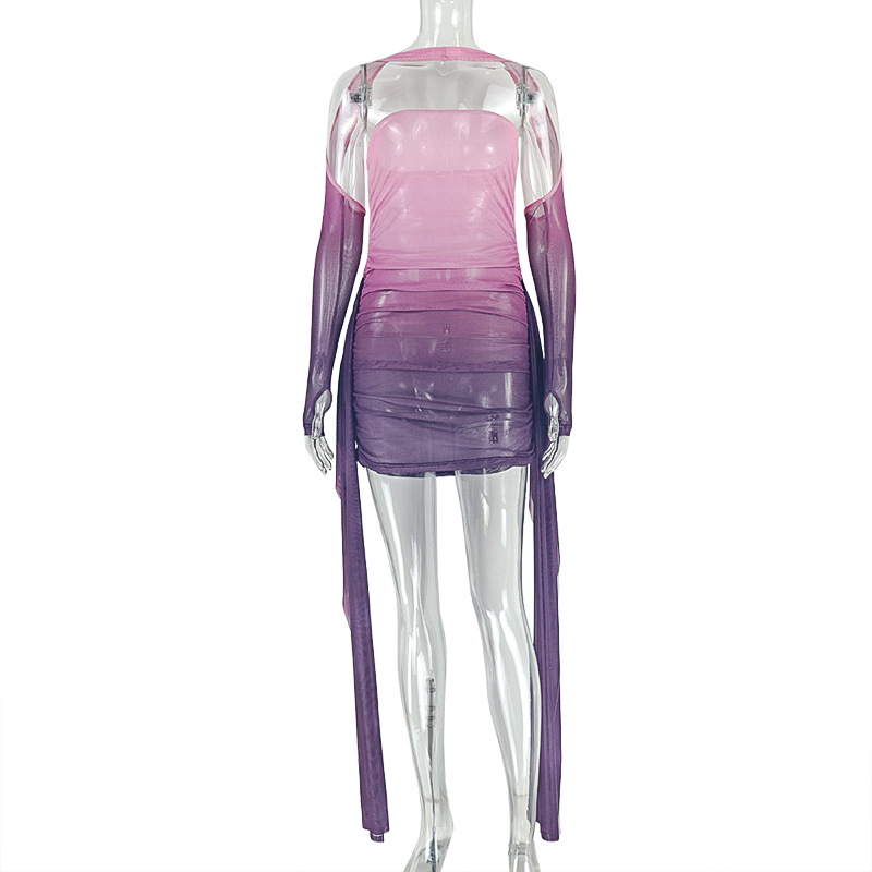 Strapless One shoulder Tie up Long Sleeve Short Dress Purple Pink - Shop at LoveMi