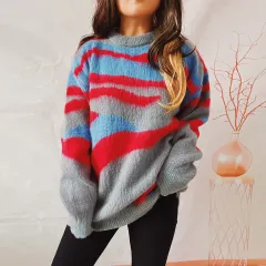 Women's Fashion Casual Irregular Striped Sweater - Red - View 1