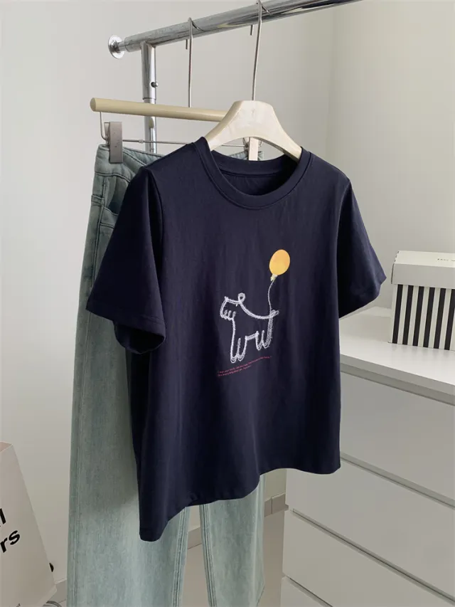 Women's Loose fitting Casual Round neck Short sleeved Balloon Puppy T shirt Blue - Shop at LoveMi