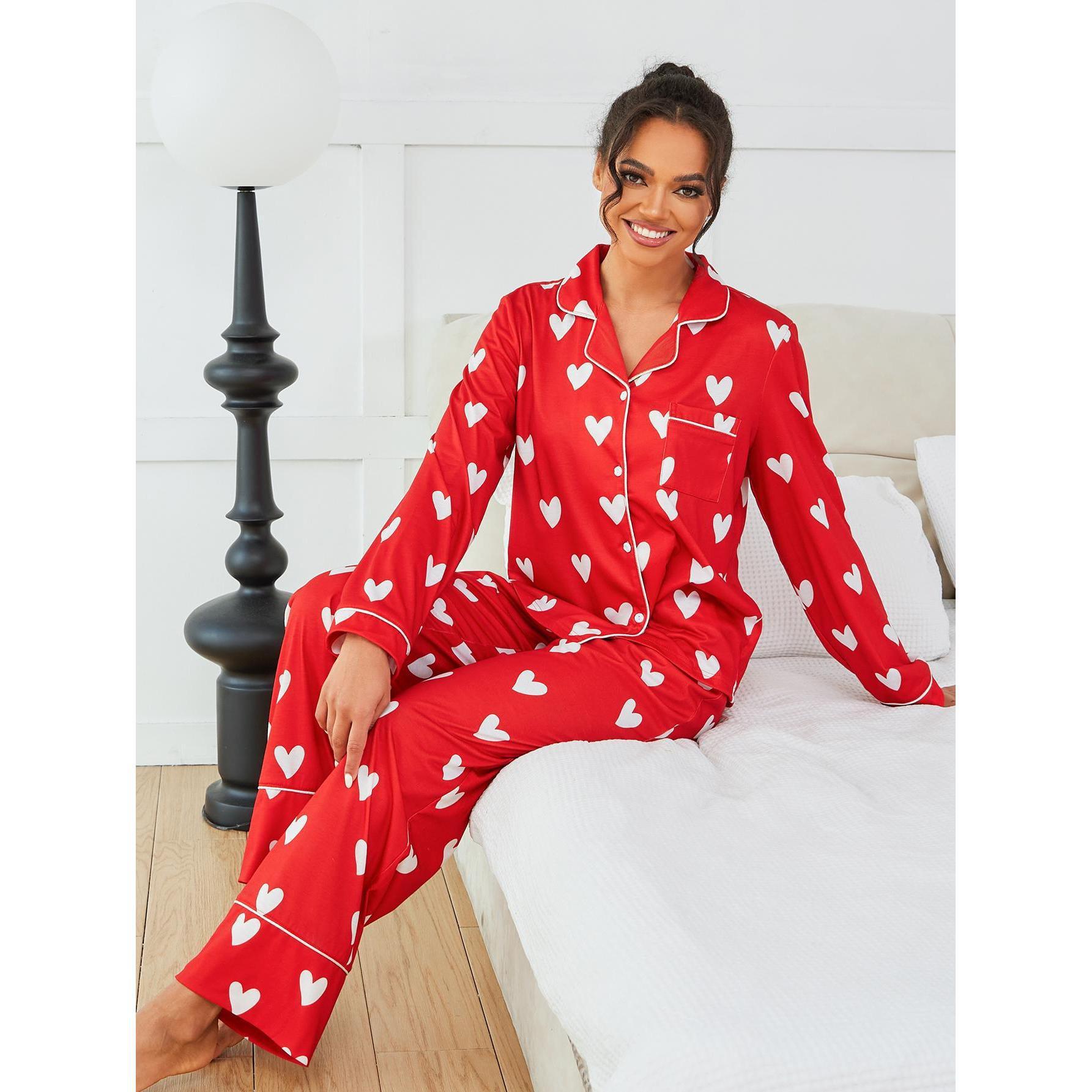 Women's Pajamas Heart Printing Long Sleeve Two piece Set Red - Shop at LoveMi