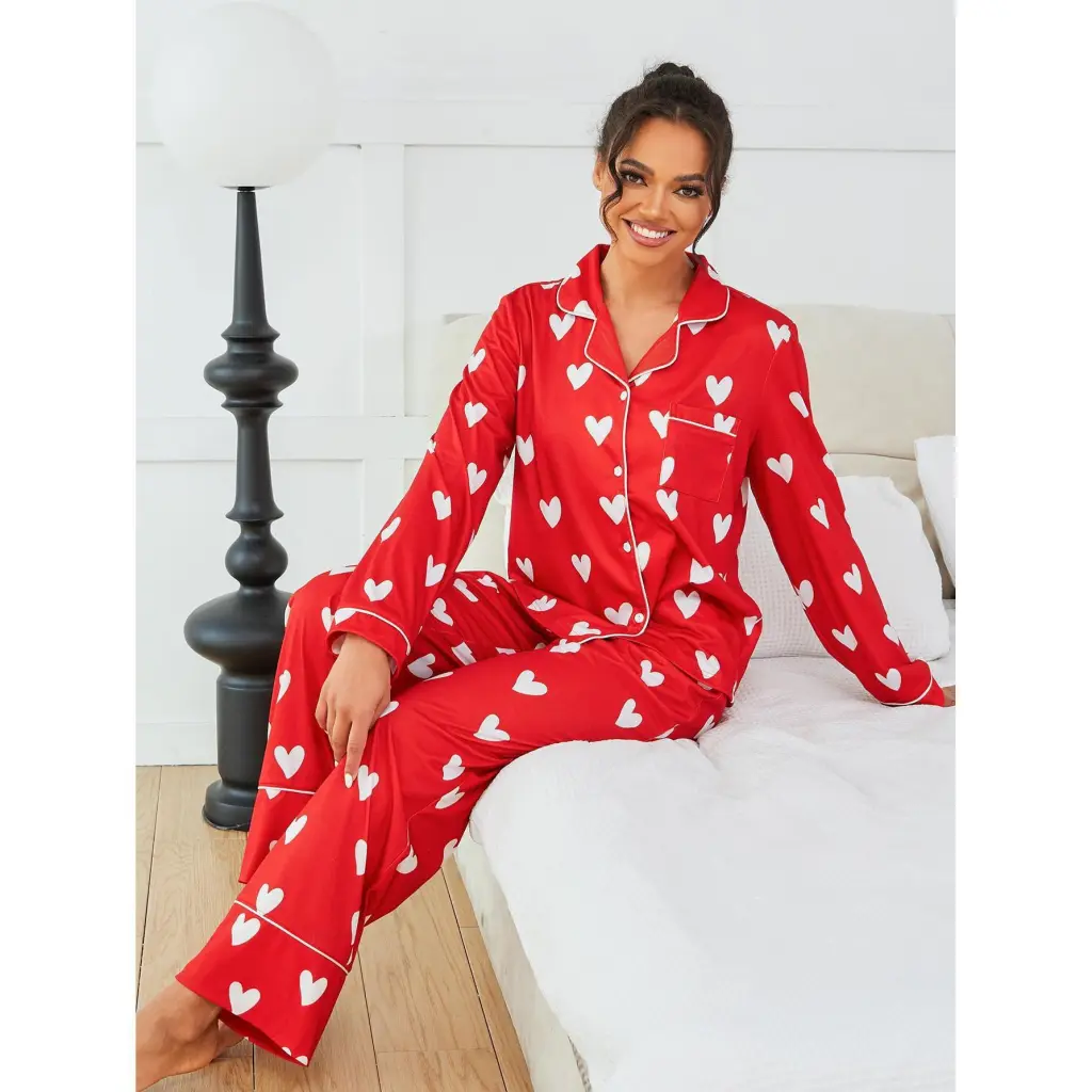 Women's Pajamas Heart Printing Long Sleeve Two-piece Set - Red