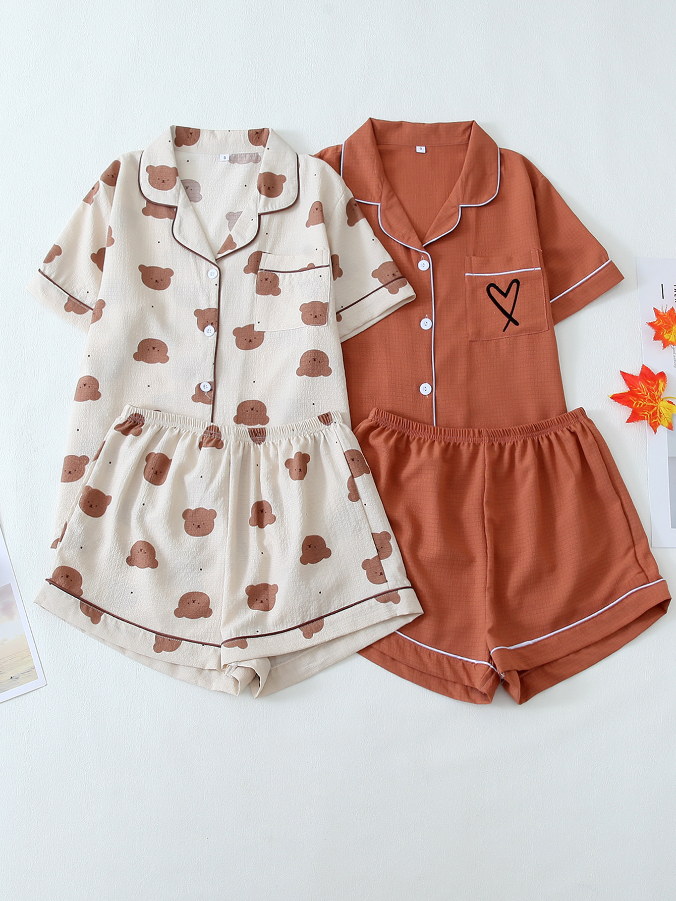 Bubble-pleat 2-piece Lapel-collar Short-sleeve Pajama Set