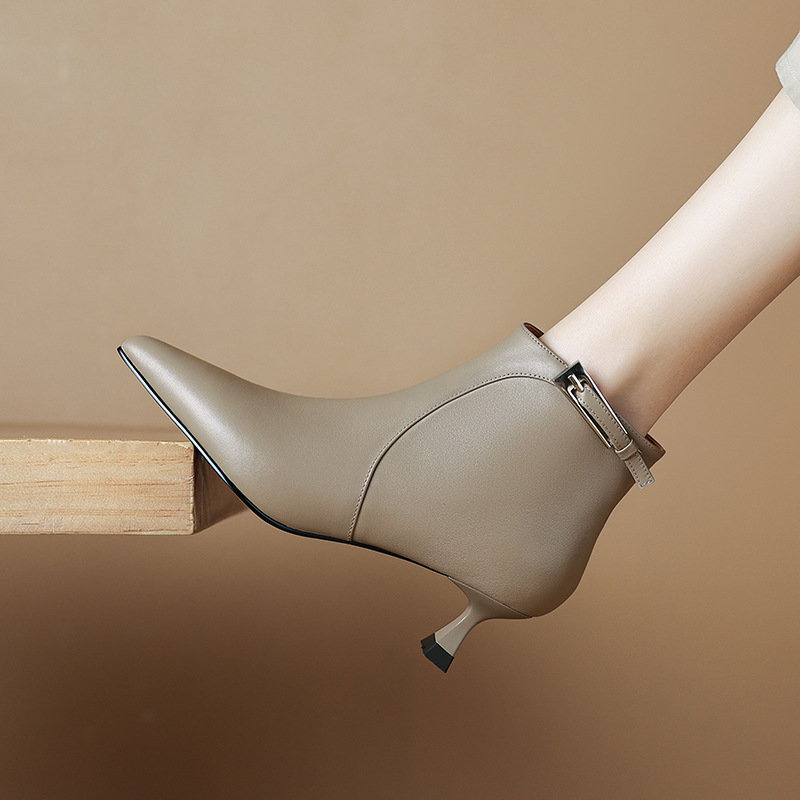 Womens Stylish Leather Pointed-Toe High-Heel Ankle Boots With Buckle Strap And Side Zipper