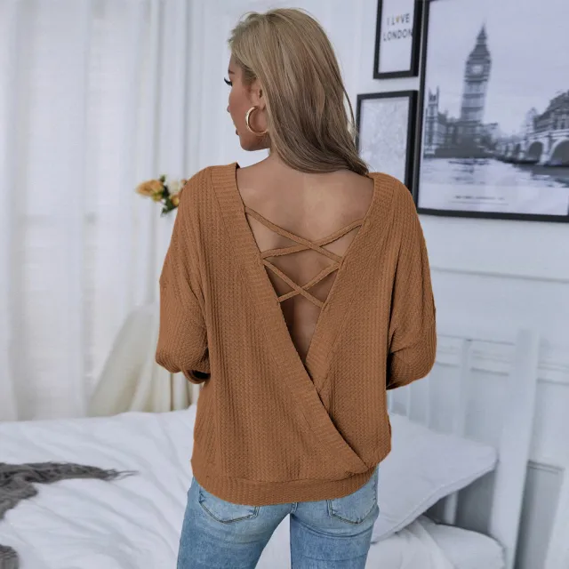 Women's Loose Casual Sexy Backless Long Sleeve Pullover Brown - Shop at LoveMi