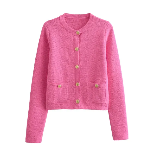 Spring Button Decoration Knitted Cardigan Jacket Rose Red - Shop at LoveMi
