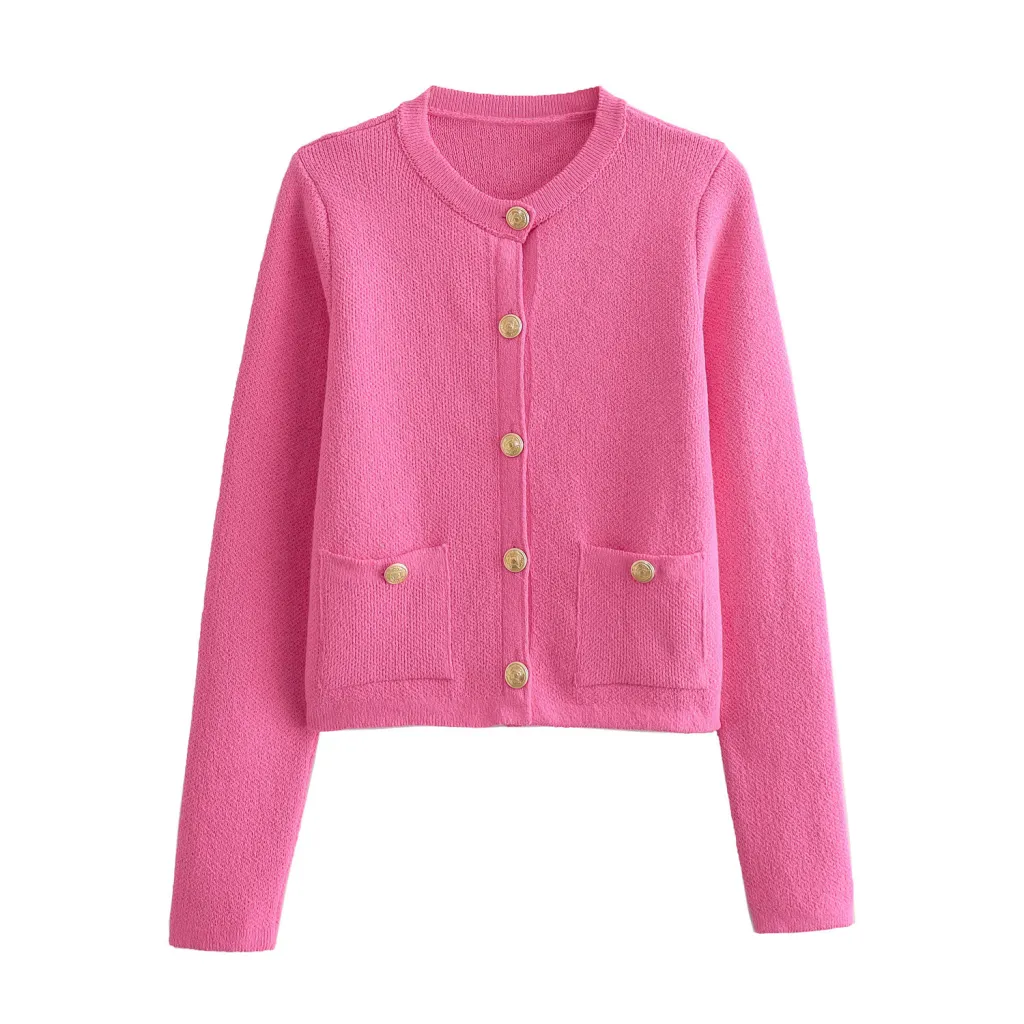 Spring Button Decoration Knitted Cardigan Jacket - Rose Red