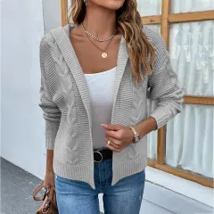 Women's Fashion Casual Solid Colour Hooded Twist Sweater Cardigan Coat - Grey - View 1