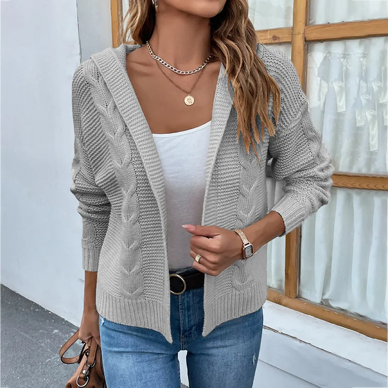 Women's Fashion Casual Solid Colour Hooded Twist Sweater Cardigan Coat - Grey