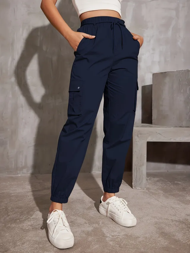 Polyester High Waist Wide Leg Ankle tied Sports Pants Navy Blue - Shop at LoveMi
