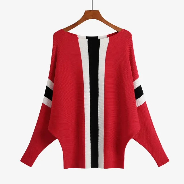 Sweater Batwing Shirt Off neck Thread Loose Large Size Pullover Striped Top Red - Shop at LoveMi