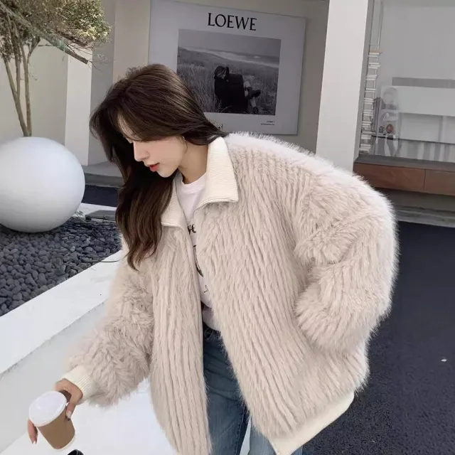Stand Collar Vertical Bar Fox Ditch Faux Fur Coat Apricot - Shop at LoveMi