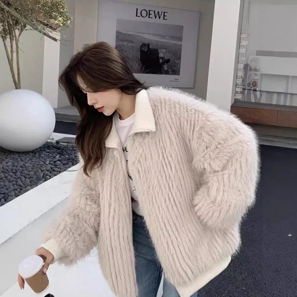 Stand Collar Vertical Bar Fox Ditch Faux Fur Coat - Apricot