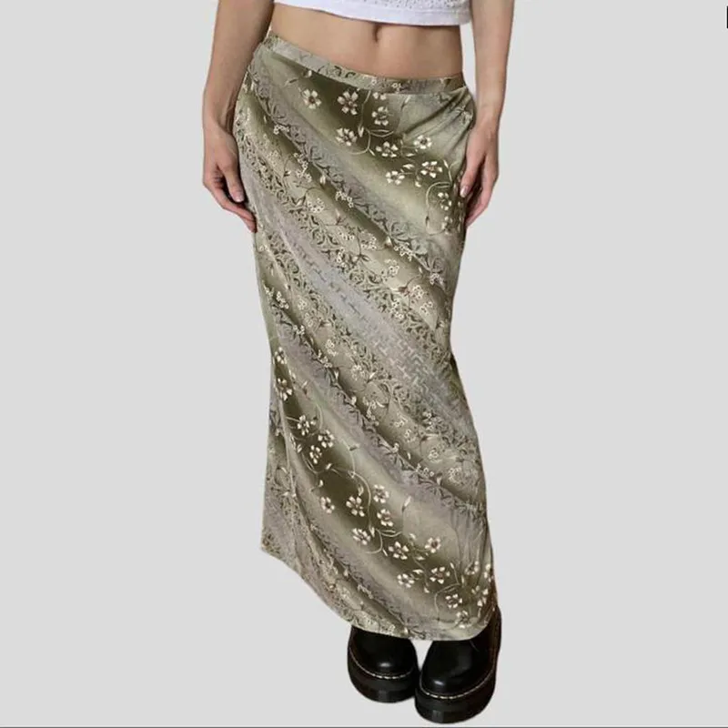 Mori Style Flower Green Leaf Printing Skirt Low Waist - Green