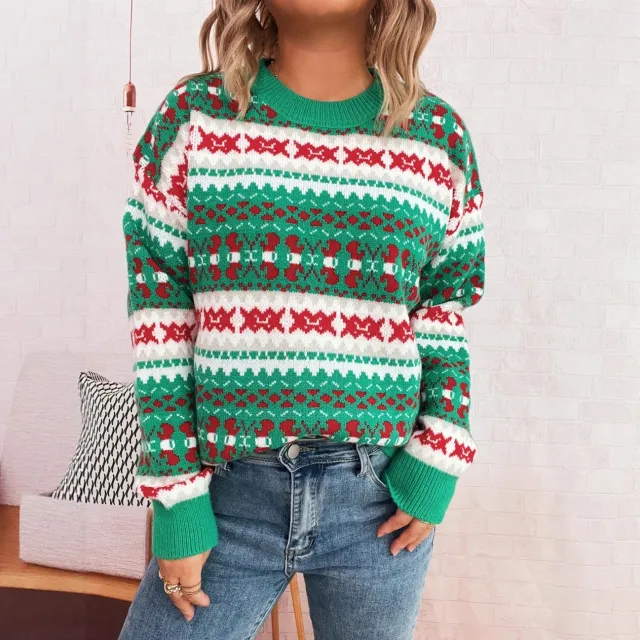 Cute Pattern Jacquard Contrast Color Round Neck Long Sleeve Casual Sweater Green - Shop at LoveMi