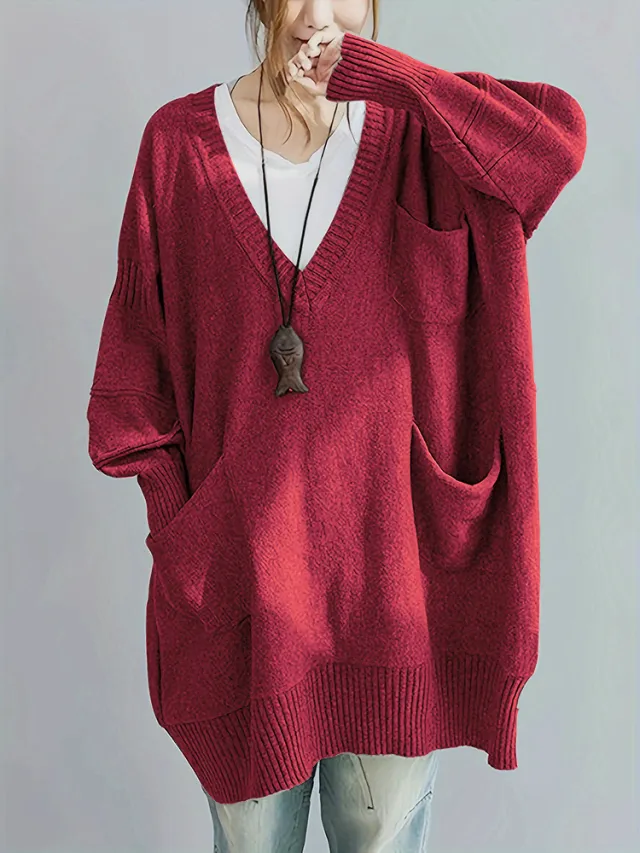 Loose fitting V neck Long Sleeves Outerwear Sweater Wine Red - Shop at LoveMi