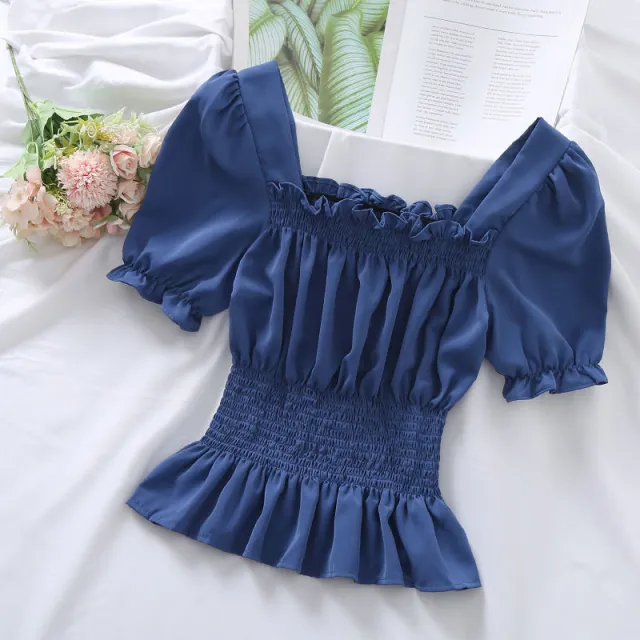 Summer New Design Sense Short Puff Sleeve Chiffon Shirt Women's Short Sleeve Square Collar Top Blue - Shop at LoveMi