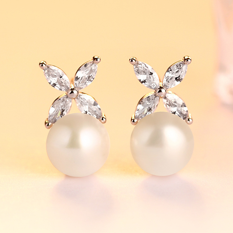 S925 Sterling Silver Stud Earrings Inlaid Natural Pearl Simplicity European And American Earrings