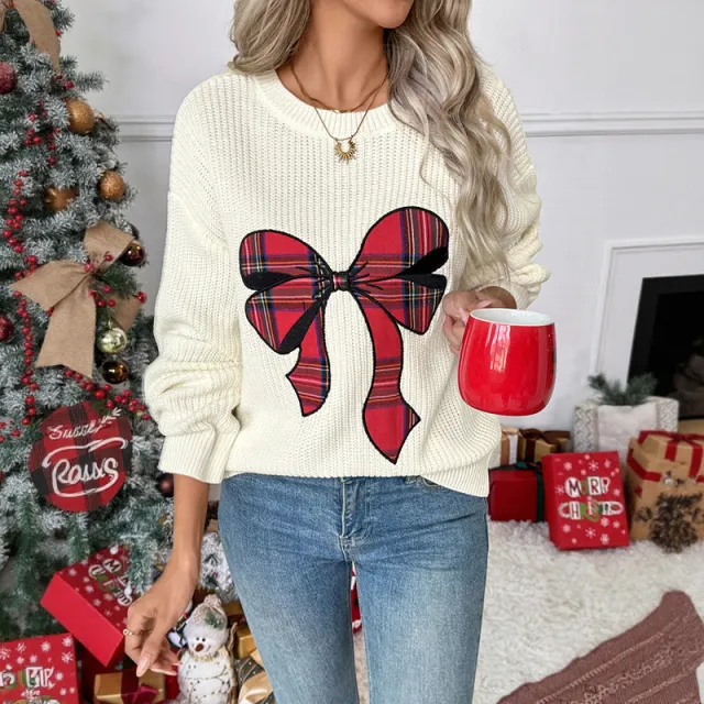 Women's Bow Plaid Embroidered Round Neck Sweater Beige - Shop at LoveMi
