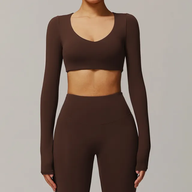 Tight Quick drying Yoga Long sleeved Women's V neck Short Top Fitness T shirt Coke Tea Coffee Color - Shop at LoveMi