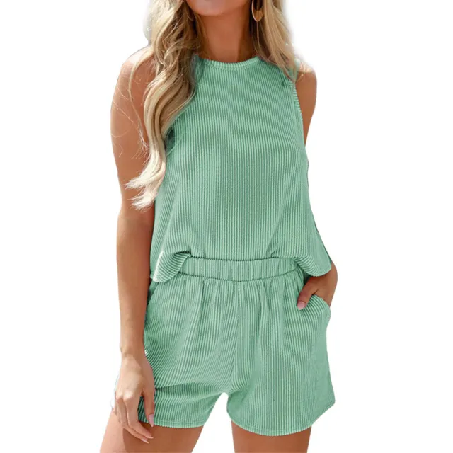 Women's Twist Strip Sleeveless Tank Top Shorts Striped Two piece Suit Green - Shop at LoveMi