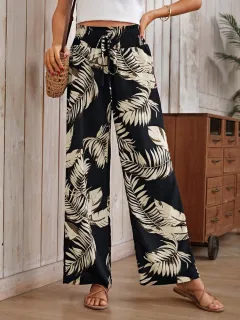Women's Casual Digital Printing Loose Drawstring High Waist Trousers - Black - View 1
