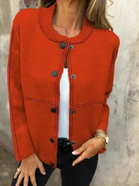 Ins Black striped Button Cardigan Fashion Sweater Loose Round Neck Long Sleeve Cropped Tops Women's Clothing Orange - Shop at LoveMi