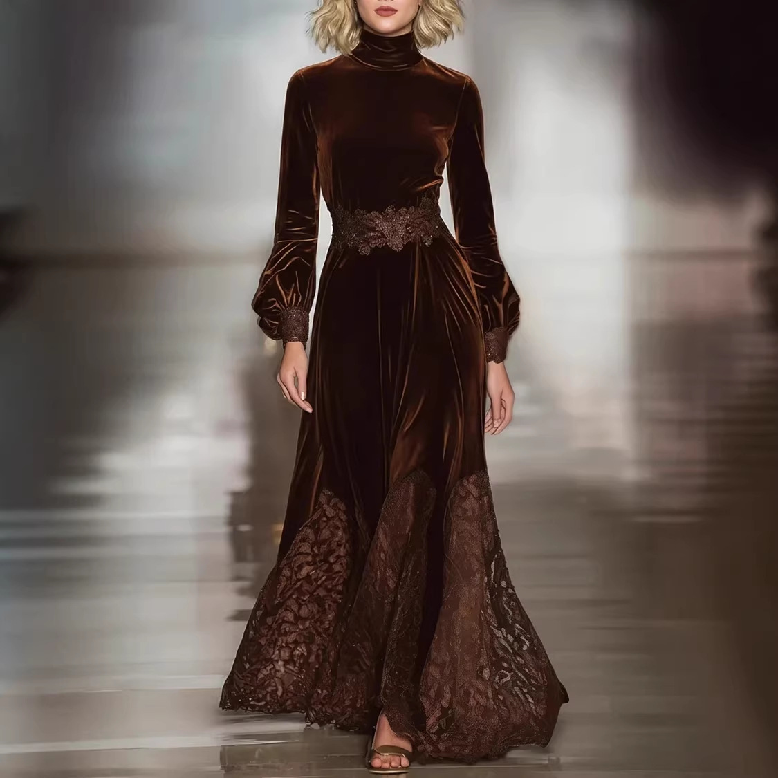 Brown Lace Long-Sleeve Slim-Fit Patchwork Maxi Dress